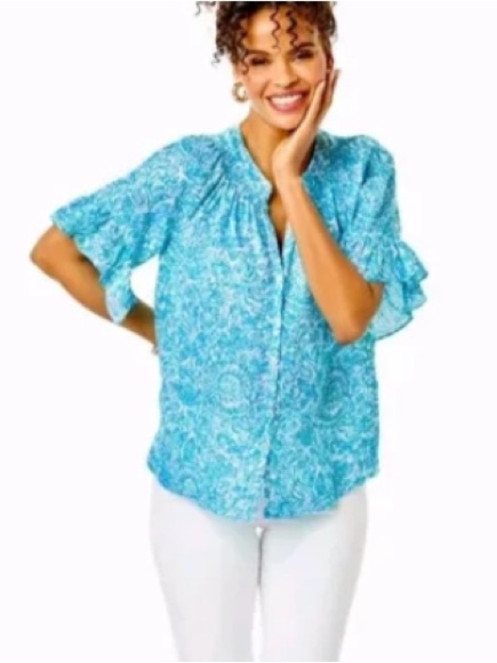 Lilly Pulitzer linen button up top short sleeve with ruffle trim and smocking .